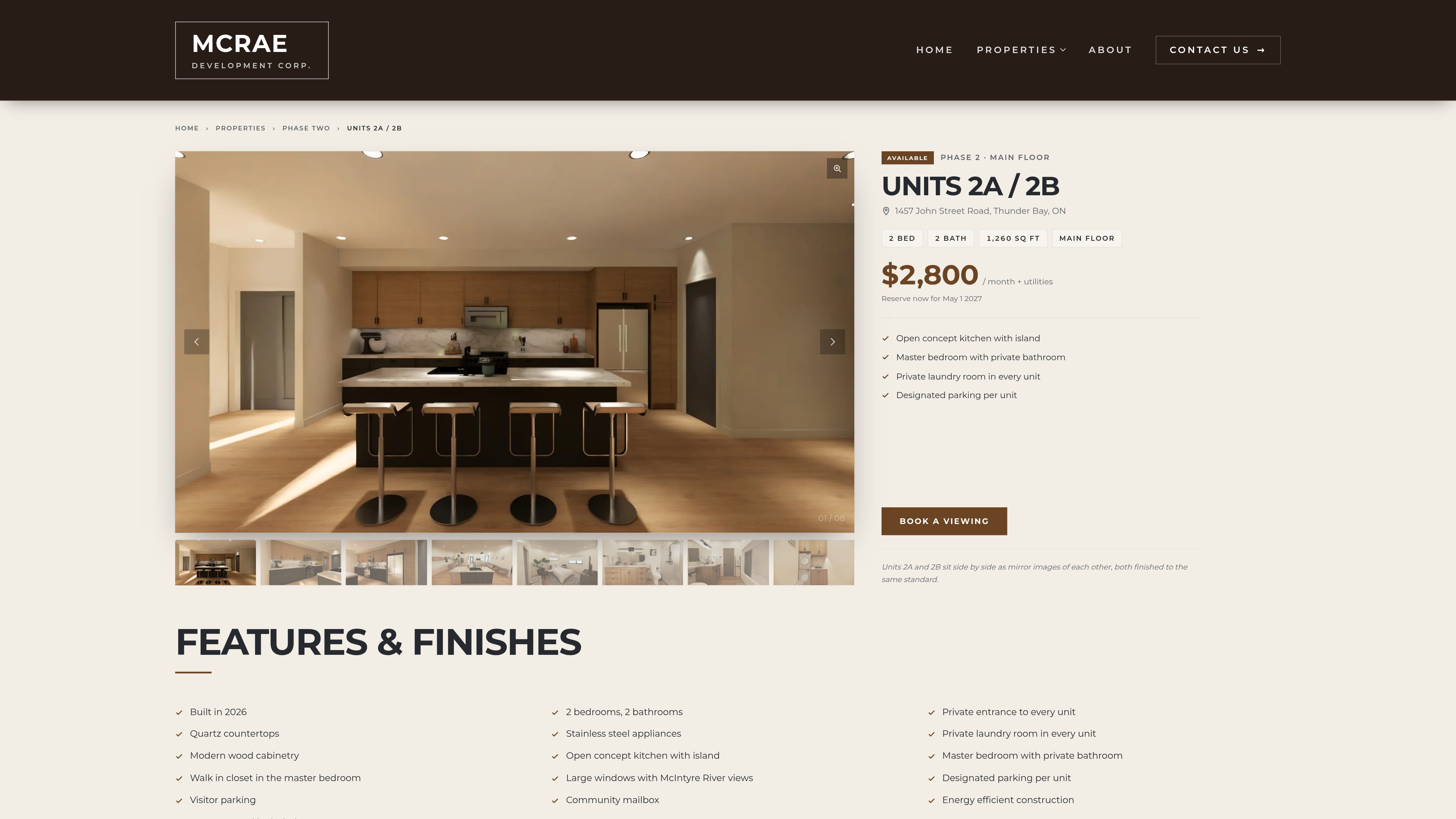 Unit page: gallery, specs, features and a direct path to booking a viewing.