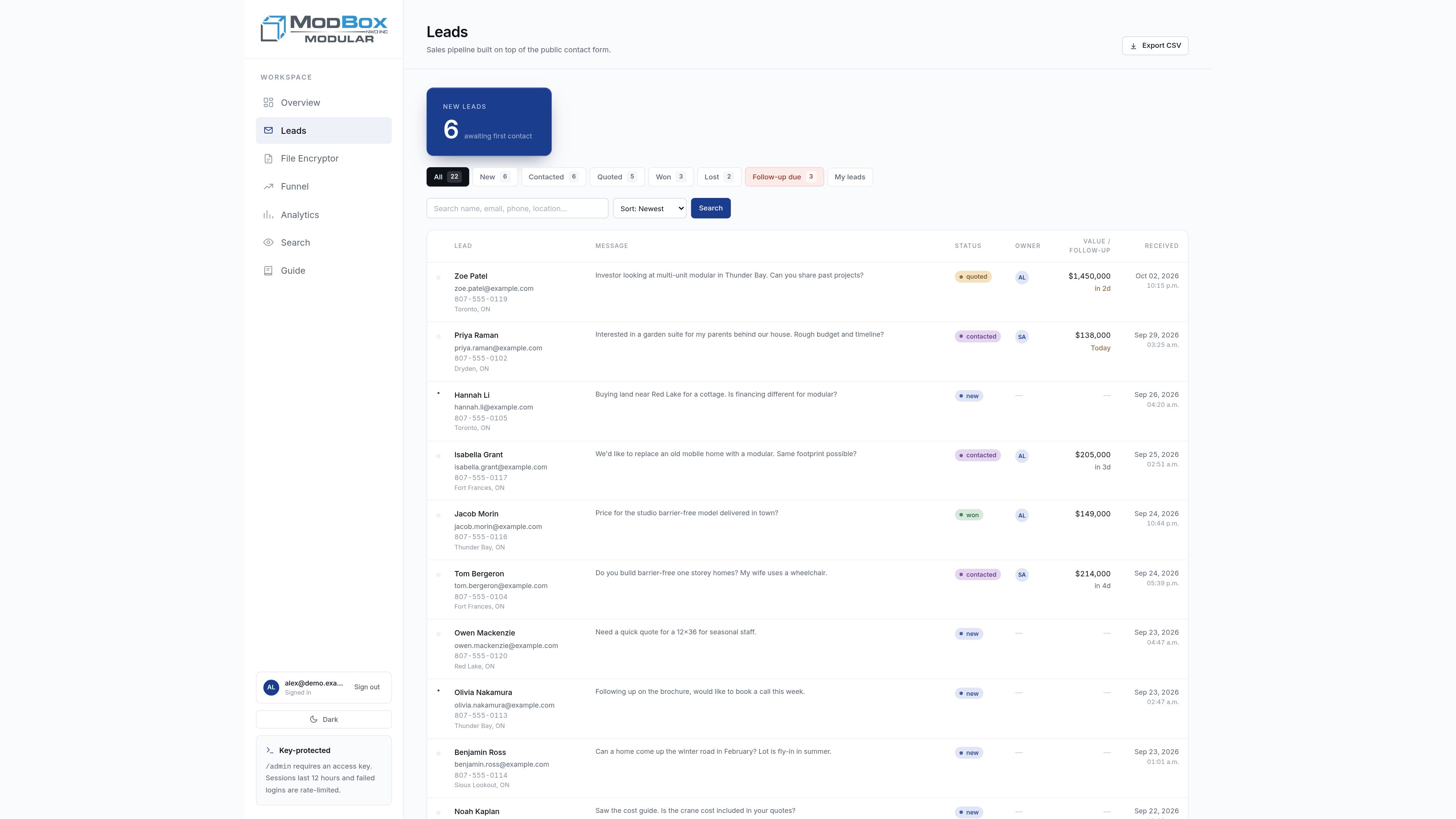 Leads: a pipeline from new to won or lost, with owners, estimated value and follow-up dates.