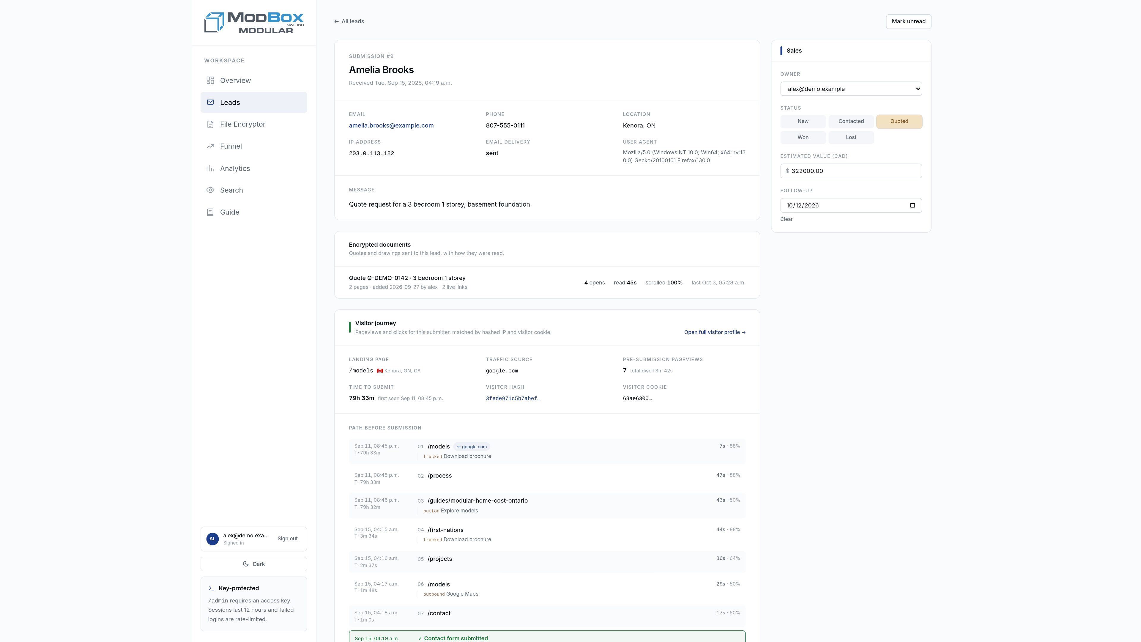 Lead detail: sales panel, linked quotes with read stats, and attribution.