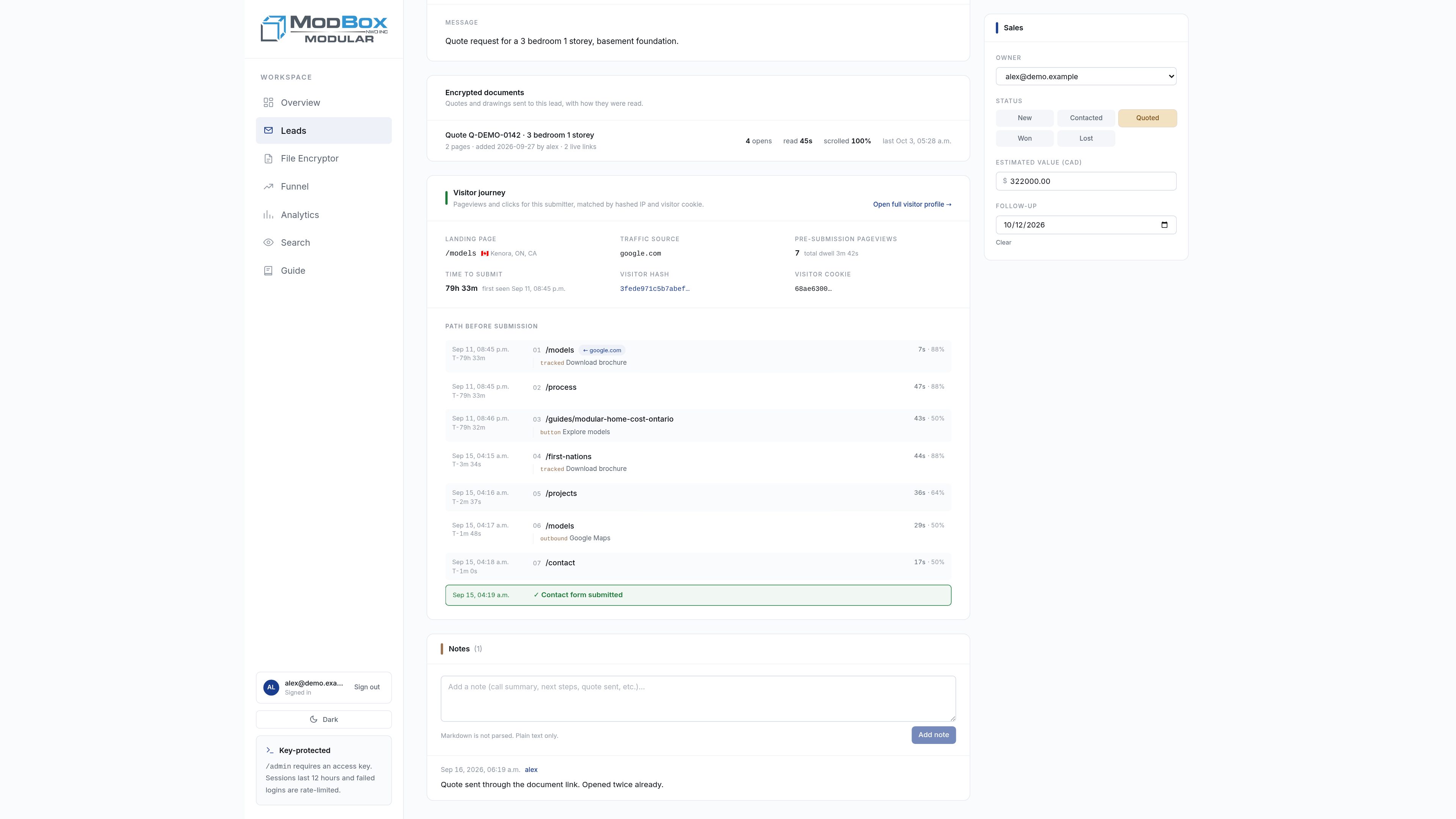 The path before submission: in from Google, through the process page, a cost guide and past projects, then the contact form.