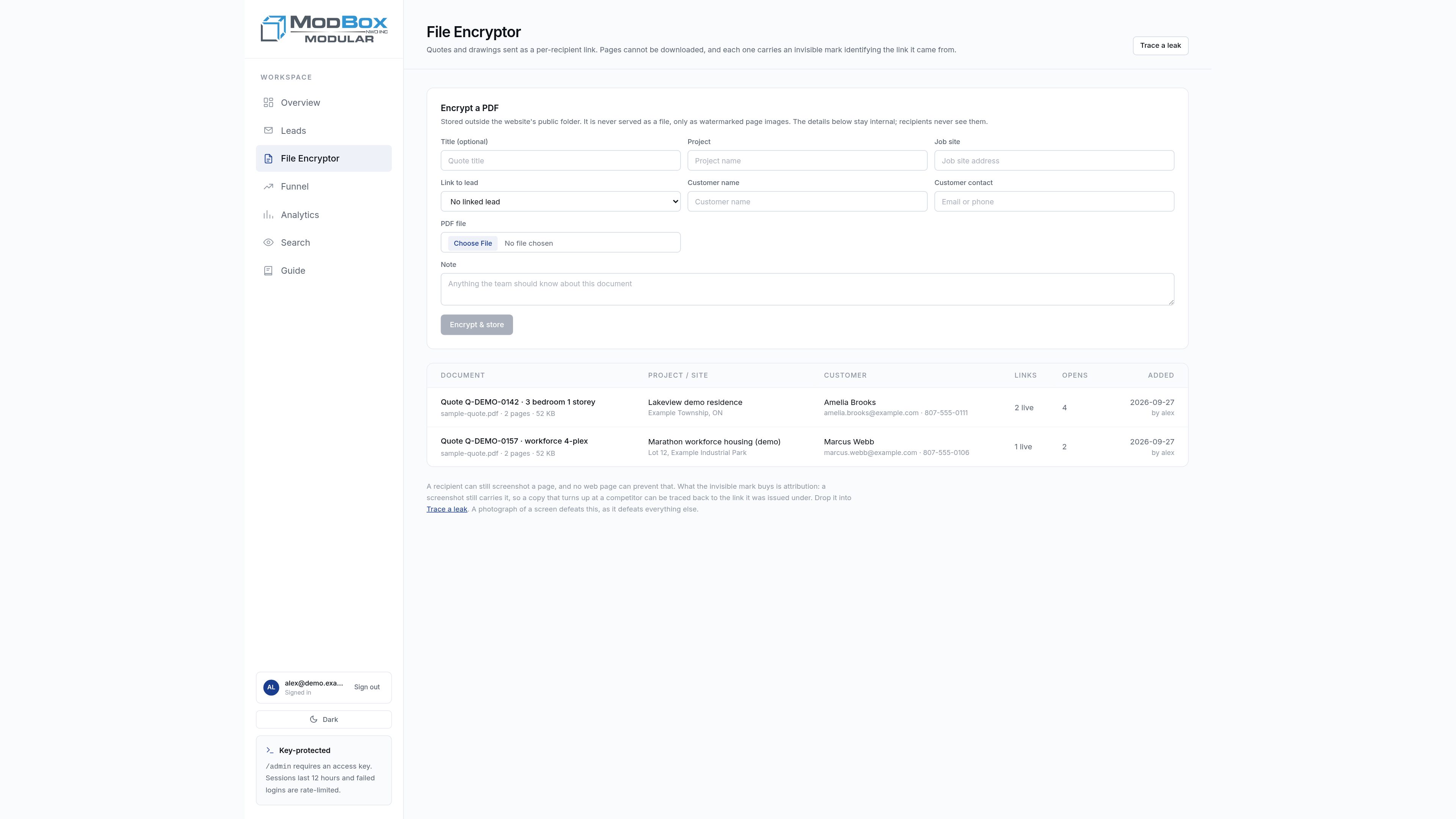 File Encryptor: upload a PDF, attach it to a project, customer and lead.