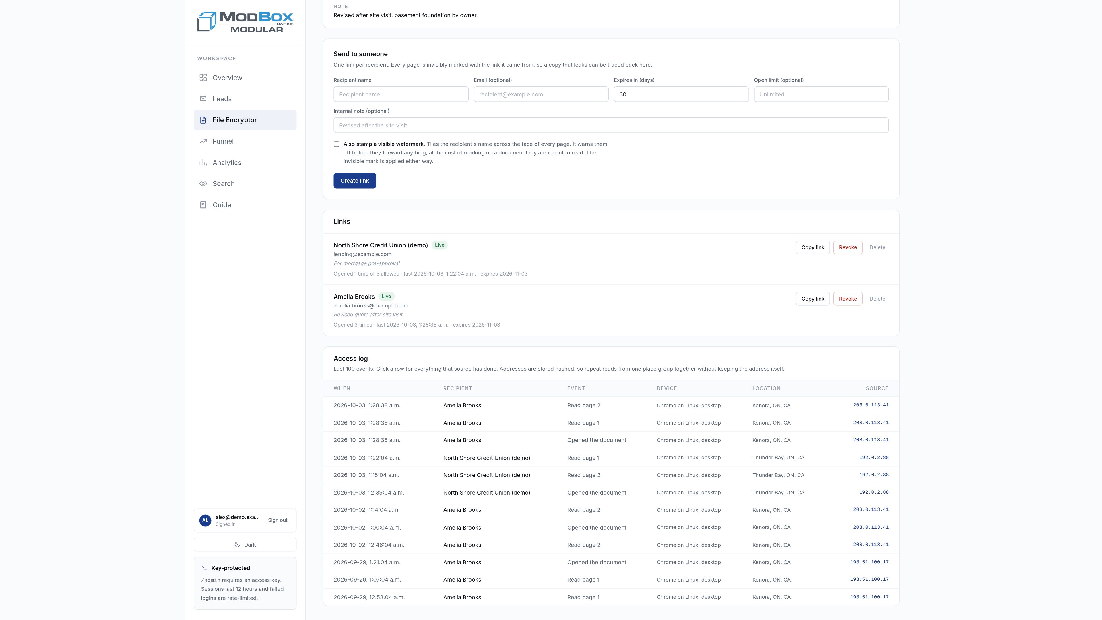 Live links and the access log: every open and page read, by recipient.
