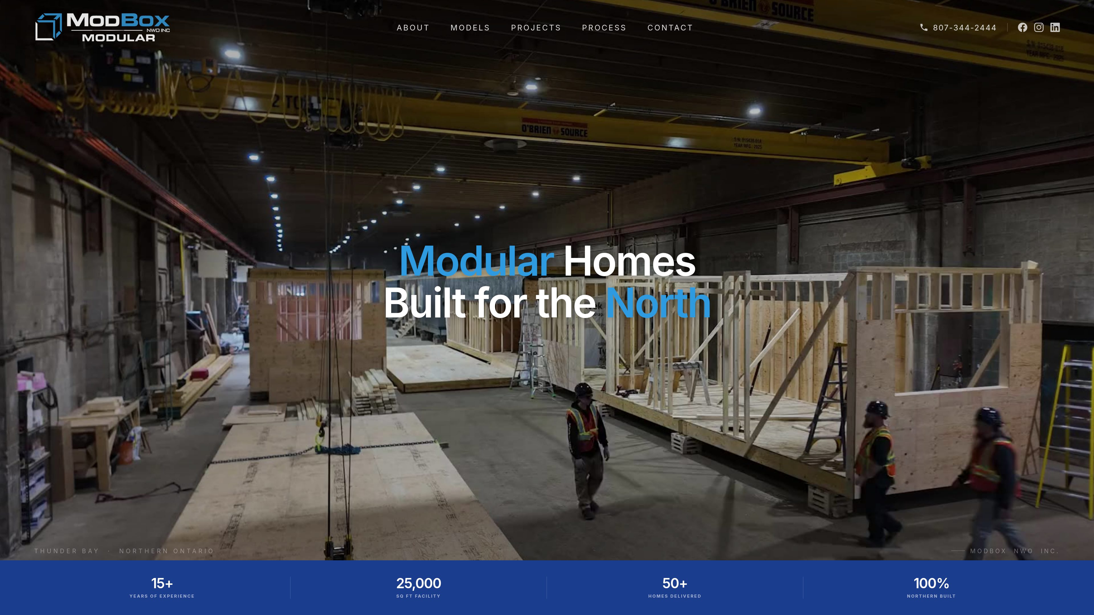 Homepage: real factory footage as the hero, with the company in four numbers underneath.