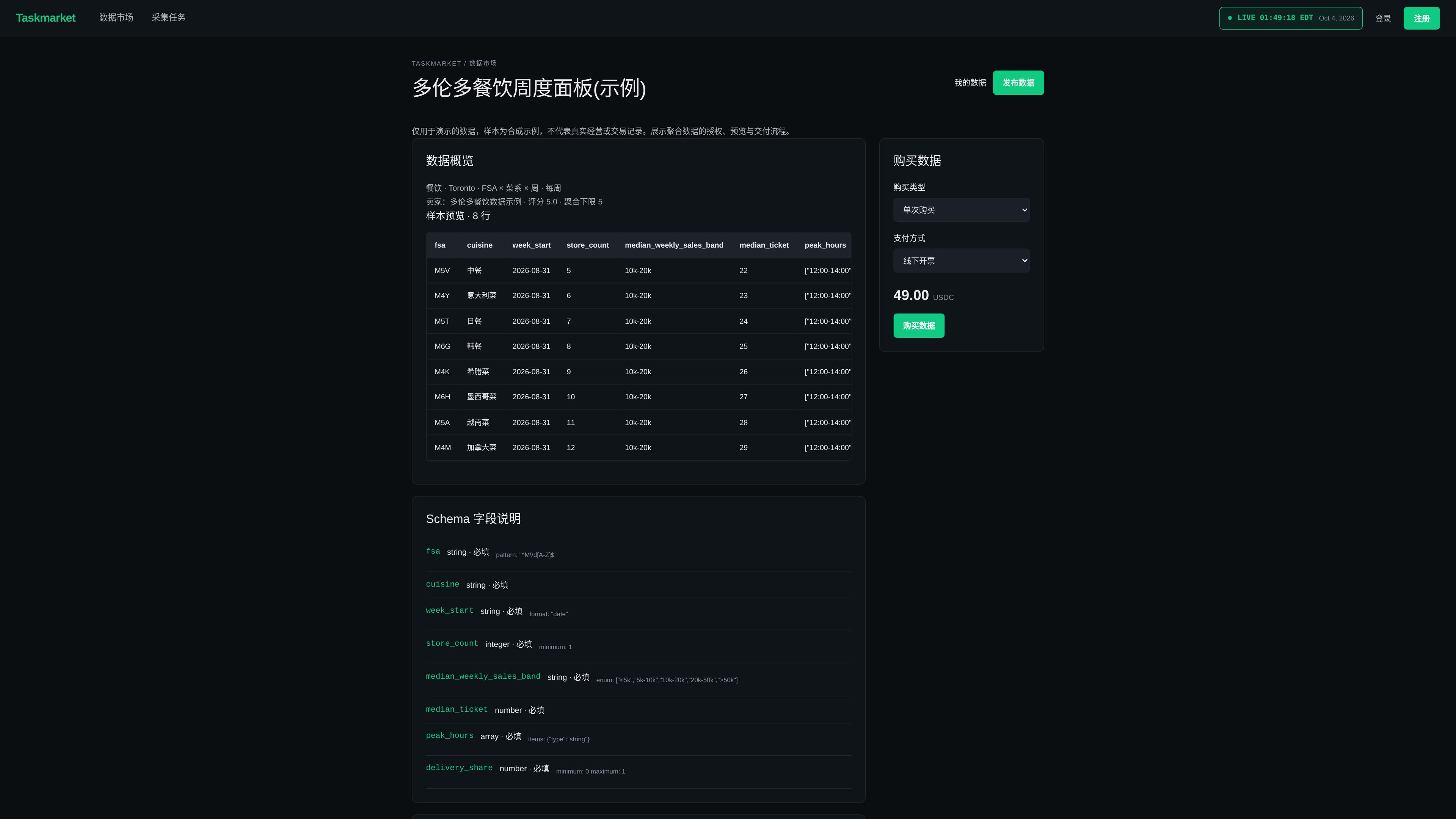 Product page: a sample preview of real rows, next to the purchase panel.