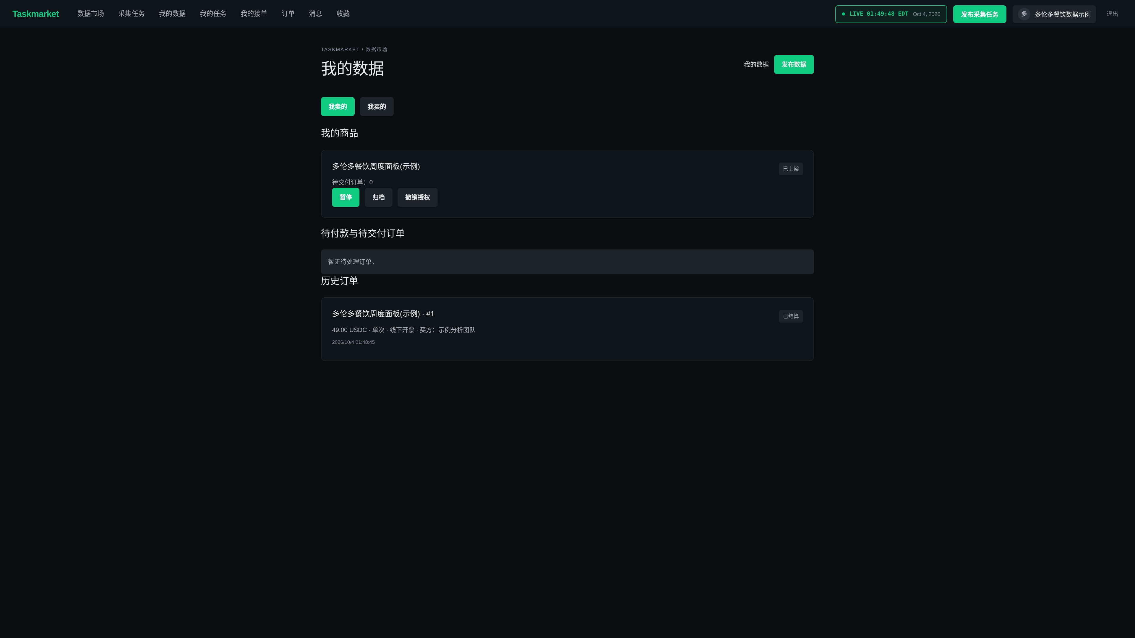 Seller dashboard: listings, orders waiting for payment or delivery, and history.
