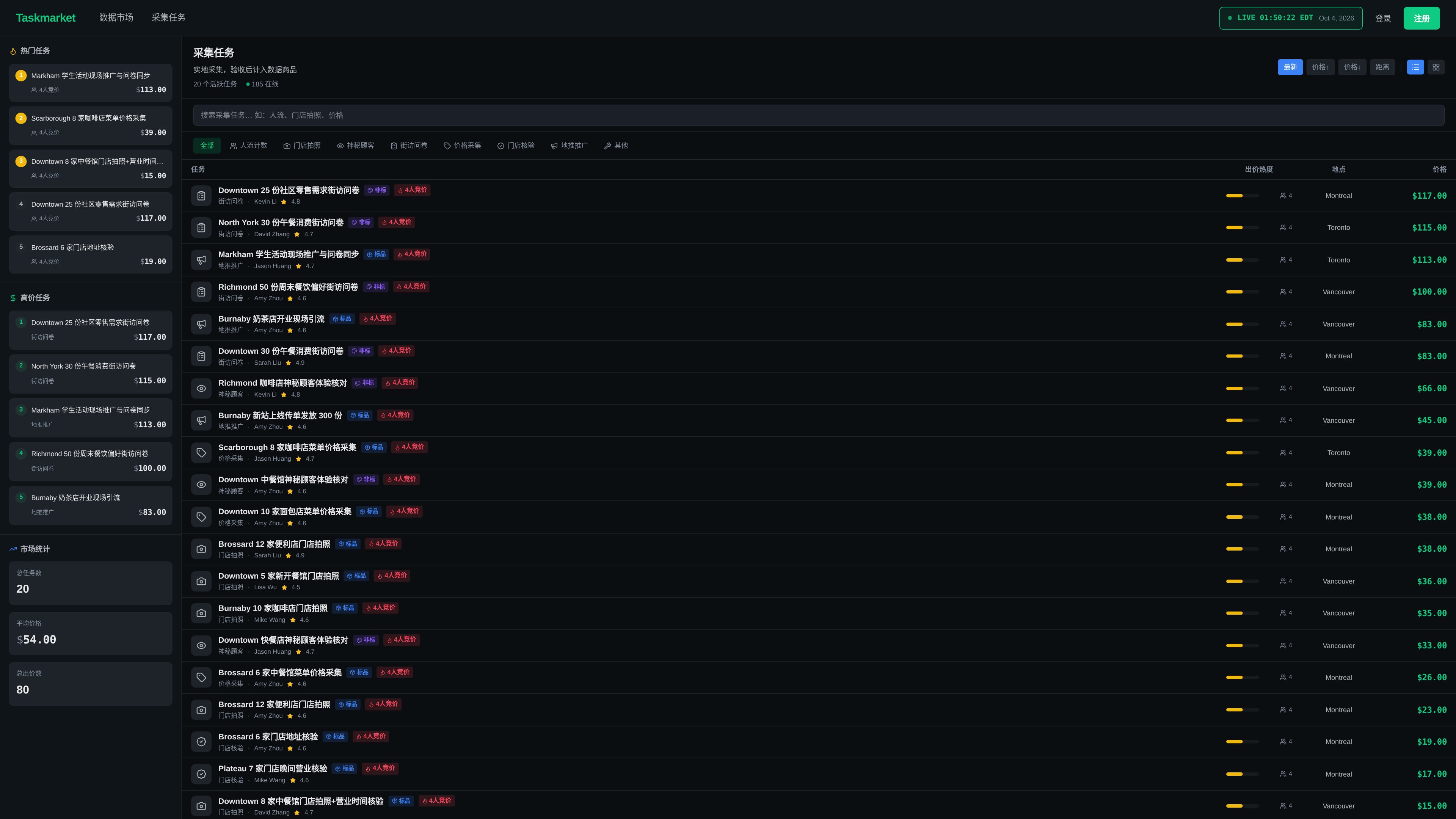 Collection tasks: seven categories, with live bid heat on every task.
